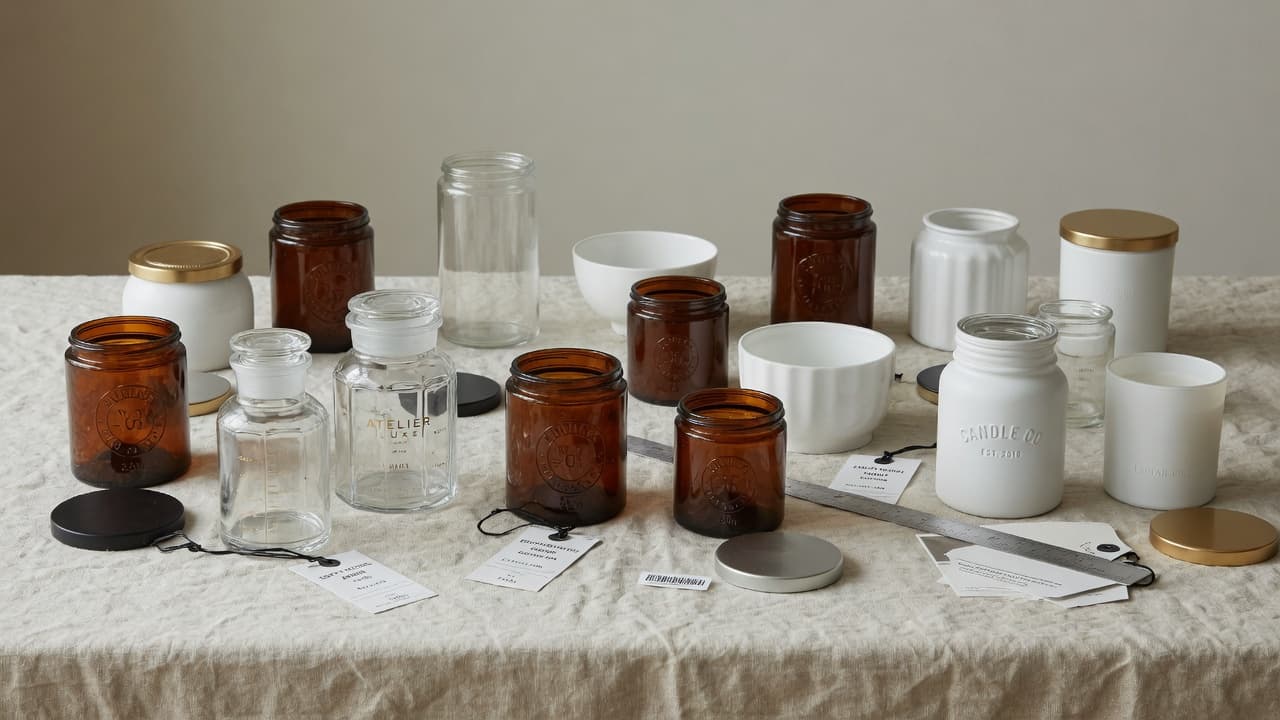 Empty glass candle jars on a work table